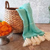 Light Blue Raw Cotton Throw with White Tassels | 125×195cm